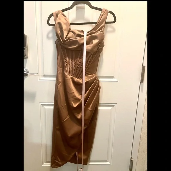 brown lulu dress LULU Asymmetric Drape Midi Corset Dress main image 1